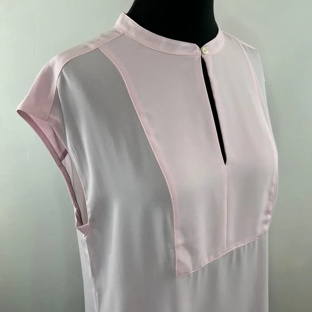 J. Crew 365 Drapey Cap-Sleeve Top Light Pink Slit Front Blouse Bib Front H8094 M